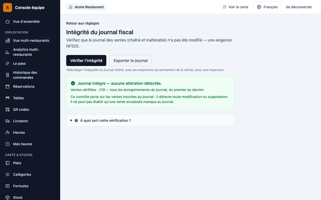Journal de ventes vérifié : chaîne intacte, enregistrements contrôlés